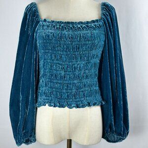 by Anthropologie Puff-Sleeved Velvet Top LP Aqua Blue Whimsigoth Boho Peasant